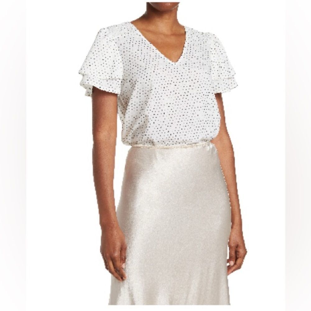 NWT Pleione Women's Small Double Ruffle Dot White with Black polka V Neck Blouse